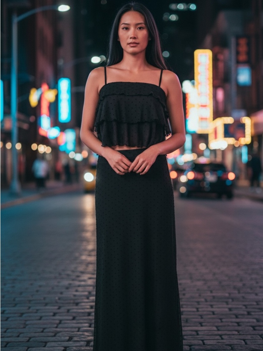 Black Maxi Skirt with Subtle Dot Texture - Sleek Evening Maxi